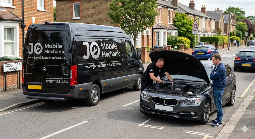 Mobile mechanic Reading performing at-home car repair with JO Mobile Mechanic van while customer observes service