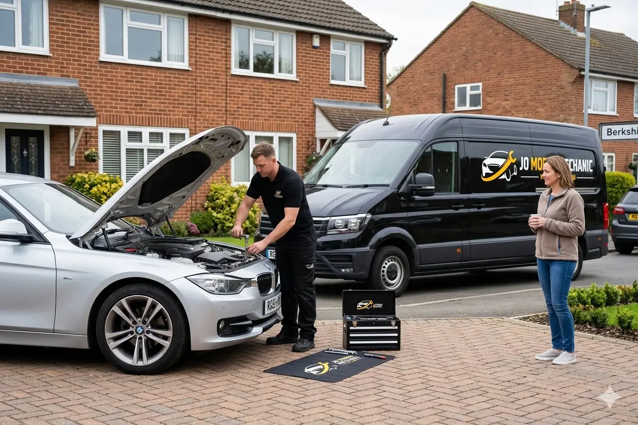 Mobile mechanic in Reading performing at-home car servicing on a vehicle with branded van and tools at a residential location