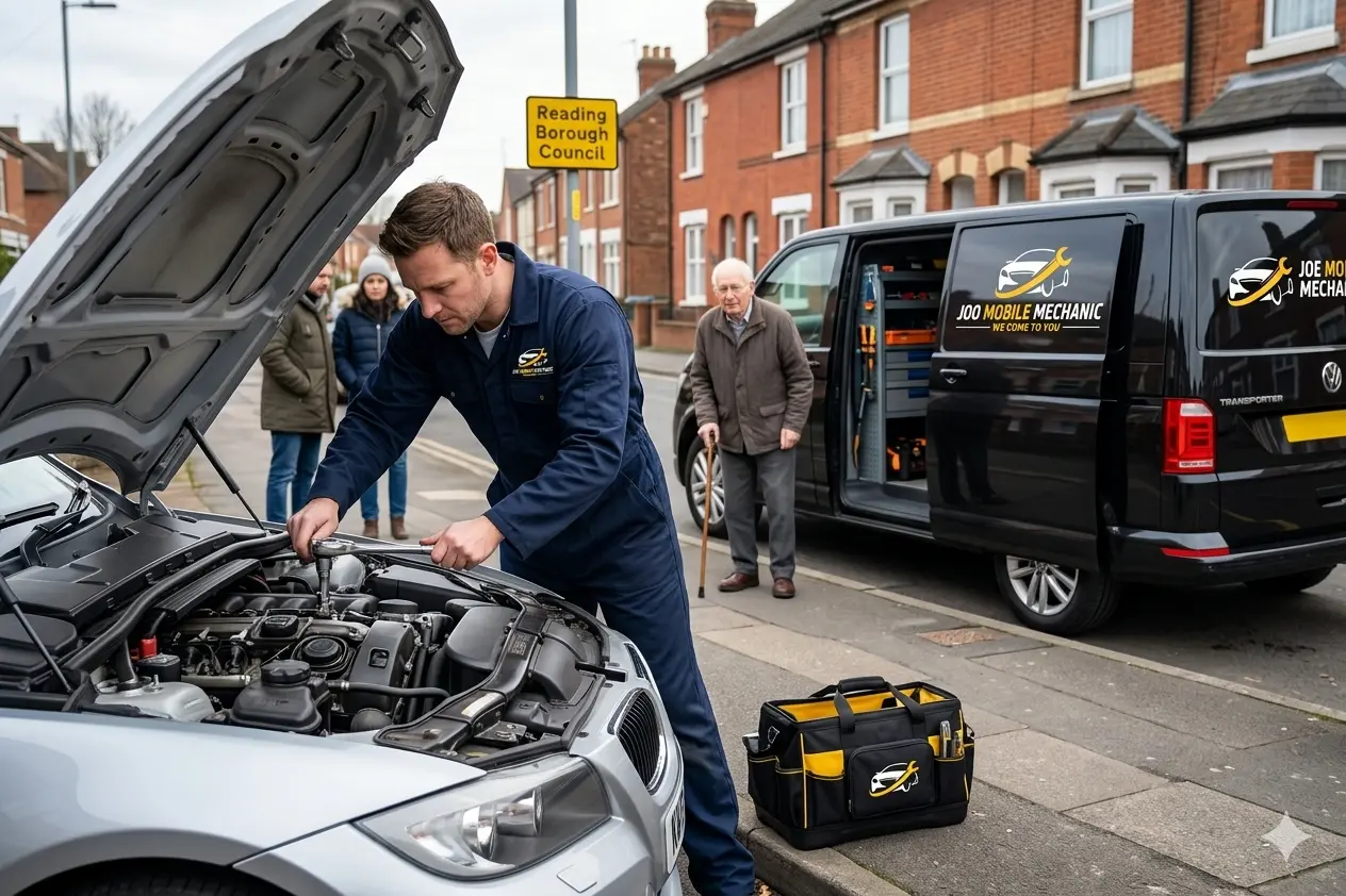 Jo Mobile Mechanic repairing a car on a public roadside in Reading Berkshire with an elderly man and bystanders watching, and a black branded van nearby