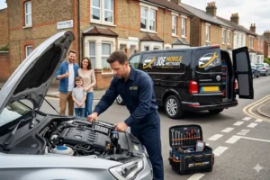 Mobile mechanic Reading testing a car battery beside JO Mobile Mechanic van