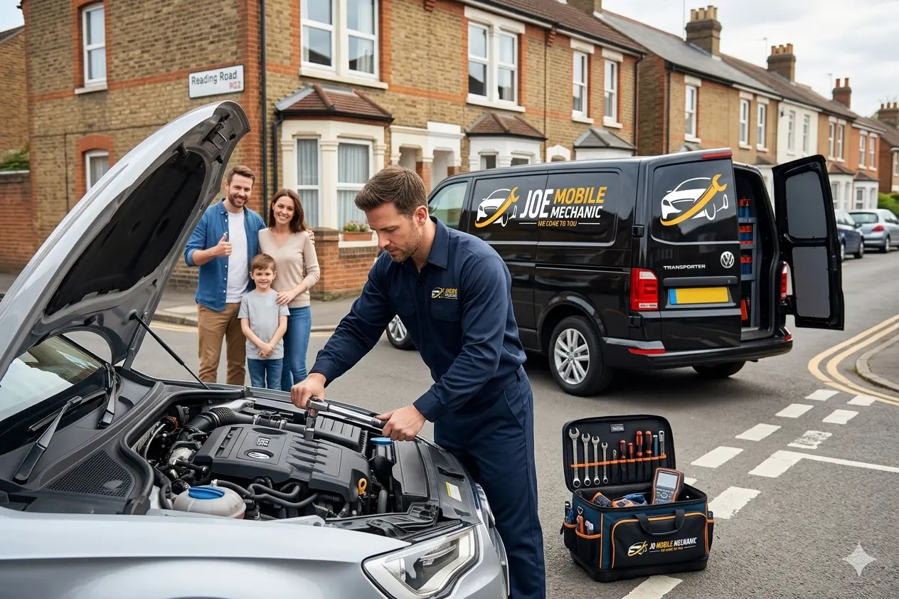 Mobile mechanic Reading testing a car battery beside JO Mobile Mechanic van