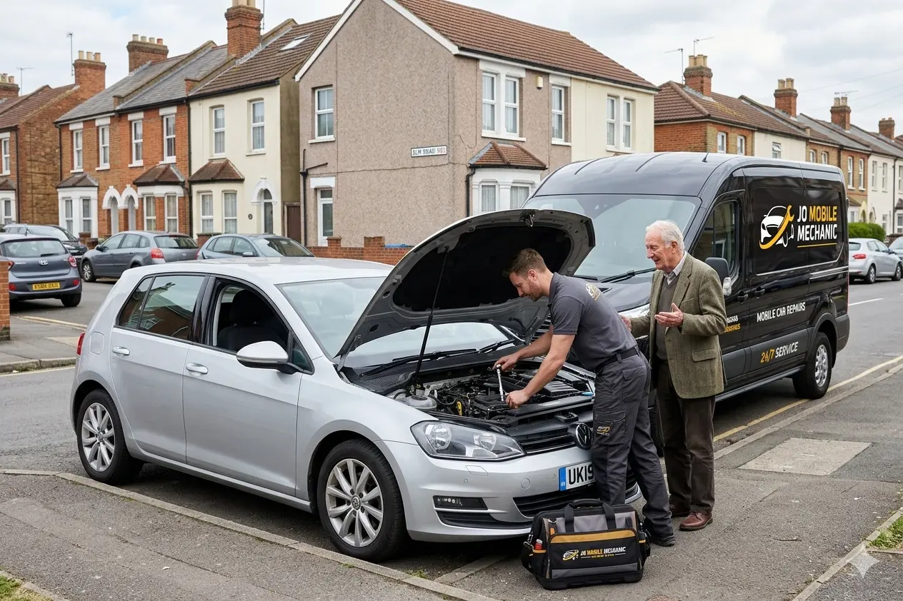Mobile mechanic Reading performing routine car maintenance at roadside with JO Mobile Mechanic van while car owner observes