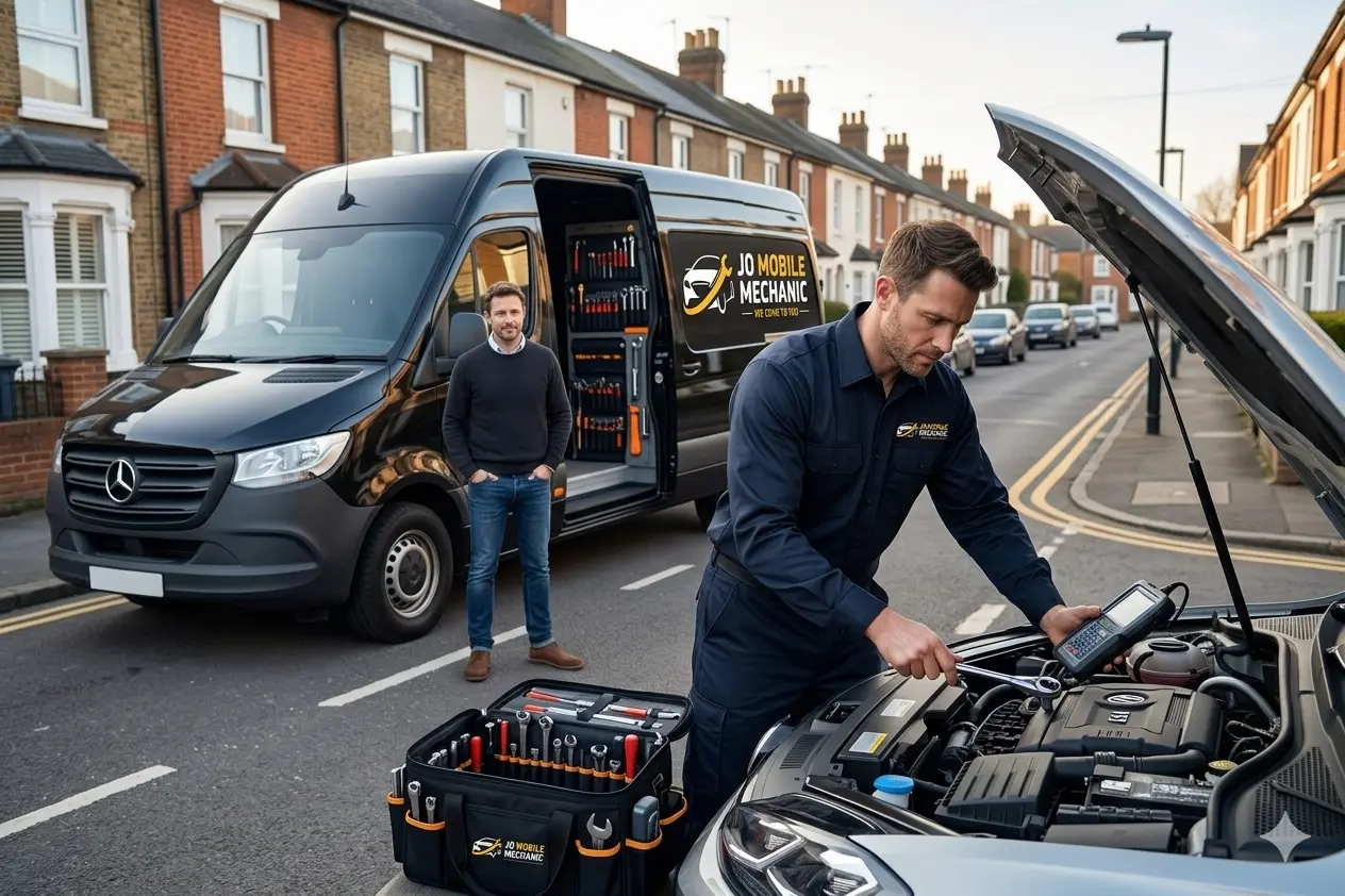 Jo Mobile Mechanic repairing a car engine with open bonnet on a roadside in Reading while a male customer watches, with a branded black service van nearby