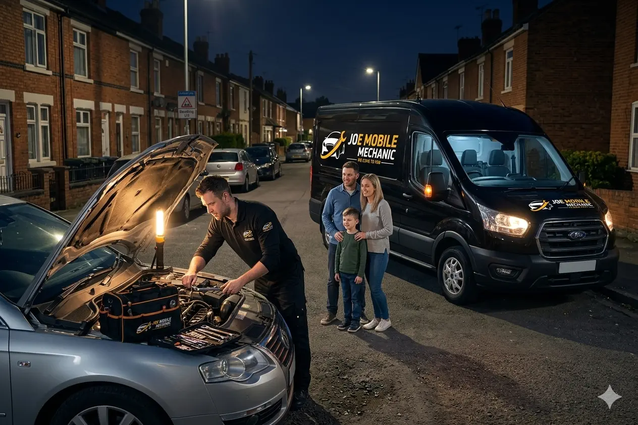 Jo Mobile Mechanic repairing a car engine at night in Reading with a family watching and a branded black van nearby