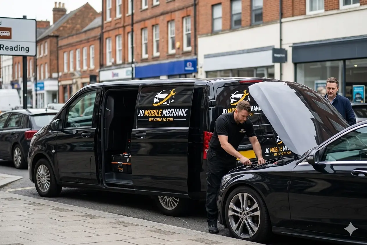 Mobile mechanic in Reading performing car maintenance at home with JO Mobile Mechanic van while car owner observes service