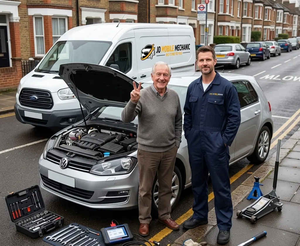 Mobile Mechanic in Reading repairing a car for an elderly driver on roadside