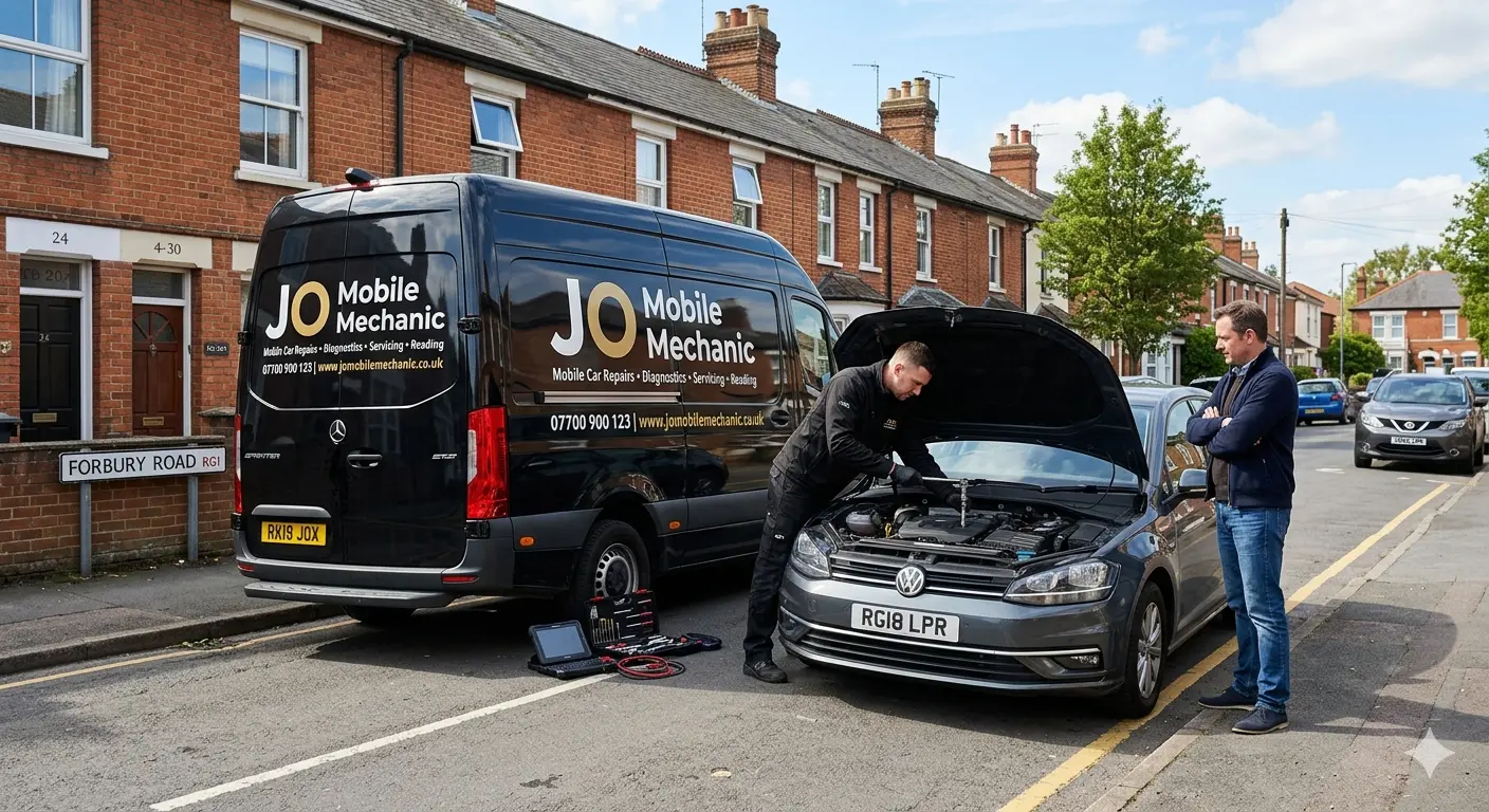 Mobile mechanic Reading fixing common car problem at roadside with JO Mobile Mechanic van while customer watches repair