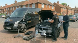 Mobile mechanic Reading inspecting an engine while comparing engine repair and engine replacement options