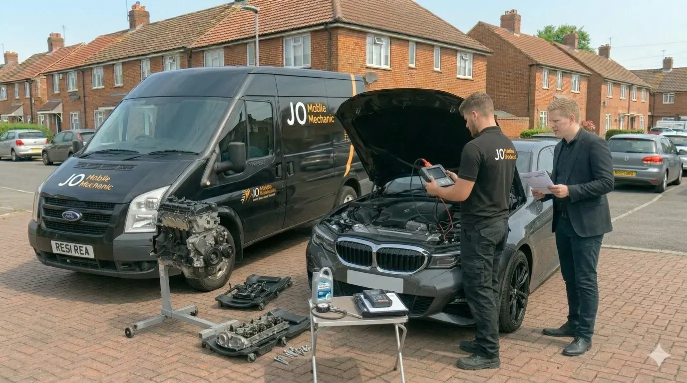 Mobile mechanic Reading inspecting an engine while comparing engine repair and engine replacement options