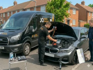 Mobile mechanic Reading performing a summer car maintenance inspection beside JO Mobile Mechanic van