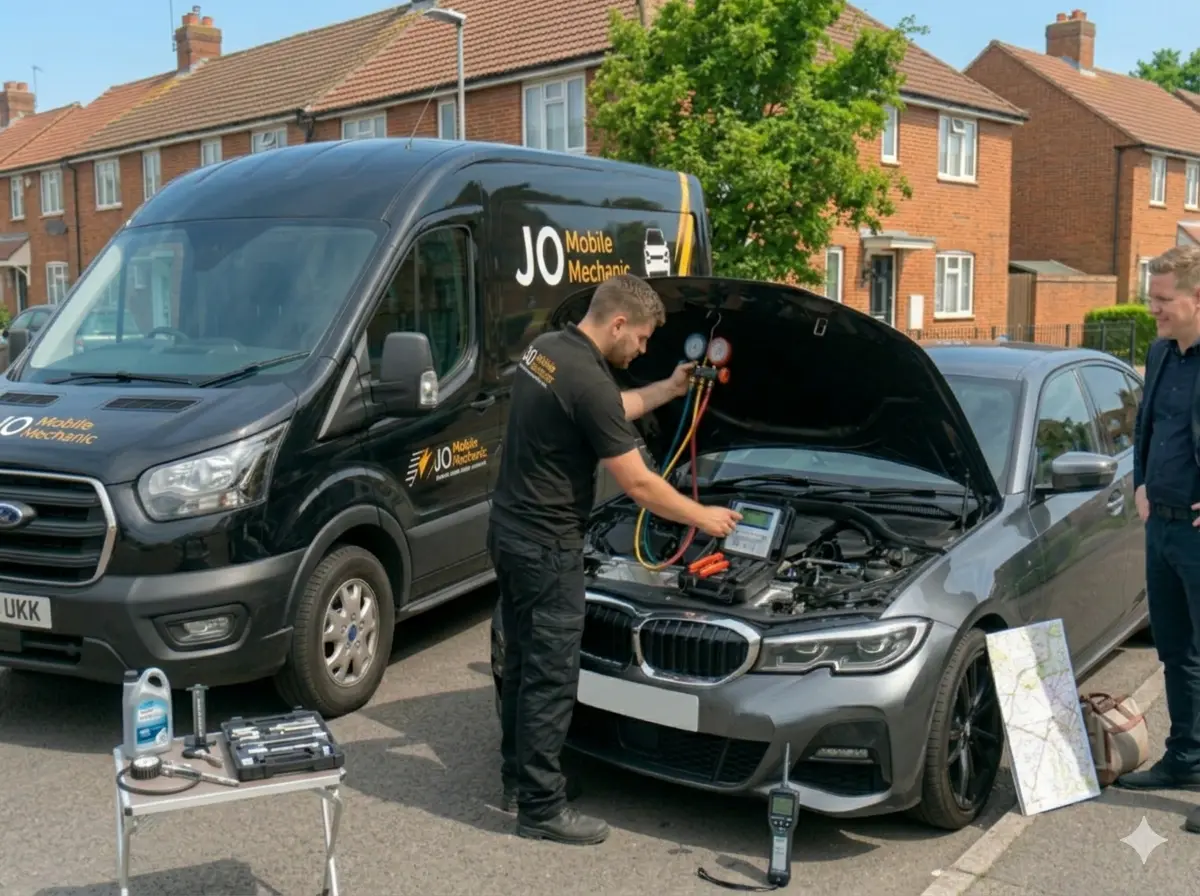 Mobile mechanic Reading performing a summer car maintenance inspection beside JO Mobile Mechanic van