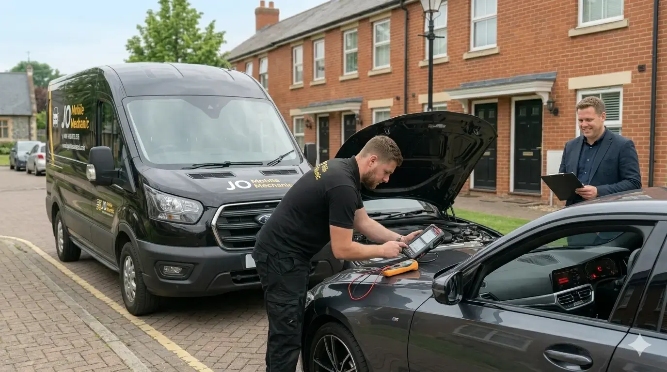 Mobile mechanic Reading performing routine car servicing beside JO Mobile Mechanic van