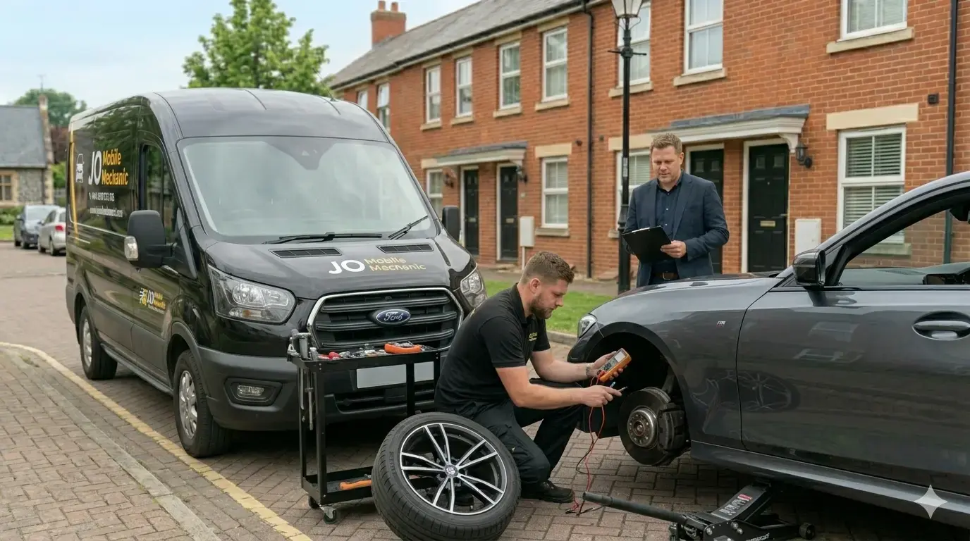 Mobile mechanic Reading inspecting brake pads and brake discs beside JO Mobile Mechanic van