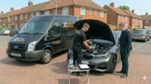 Mobile mechanic Reading performing preventative vehicle maintenance beside JO Mobile Mechanic van