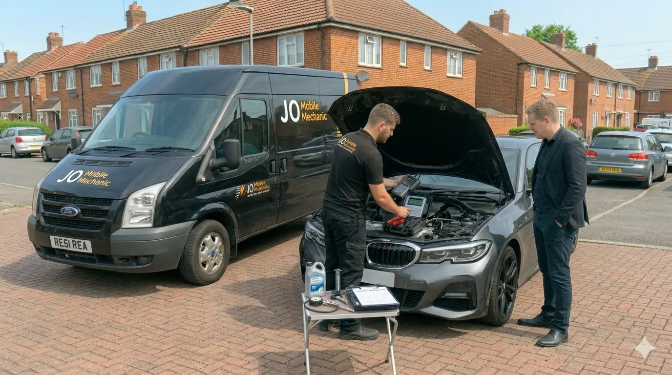 Mobile mechanic Reading performing preventative vehicle maintenance beside JO Mobile Mechanic van