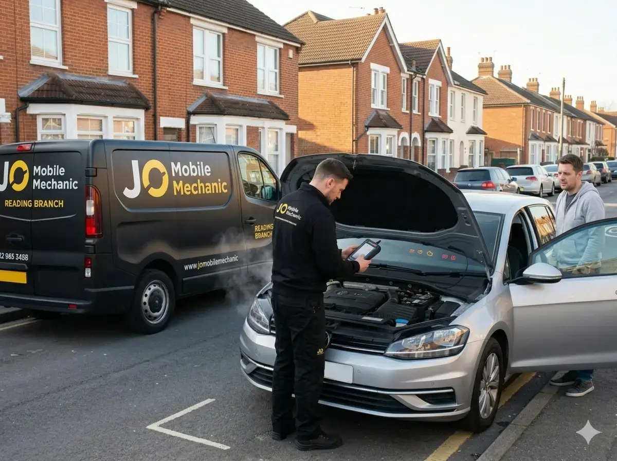 Mobile mechanic Reading inspecting a car with warning signs of engine trouble beside JO Mobile Mechanic van