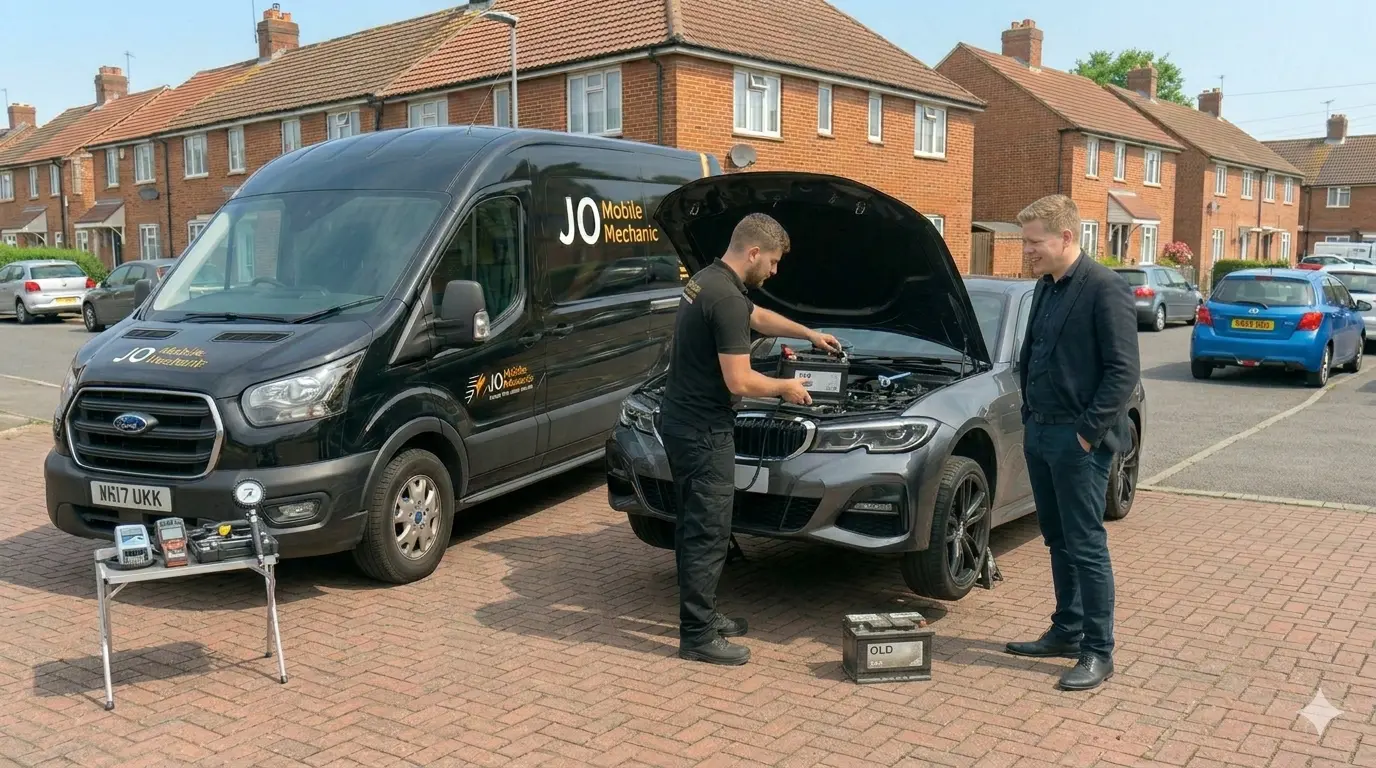 Mobile mechanic Reading testing and replacing a weak car battery beside JO Mobile Mechanic van