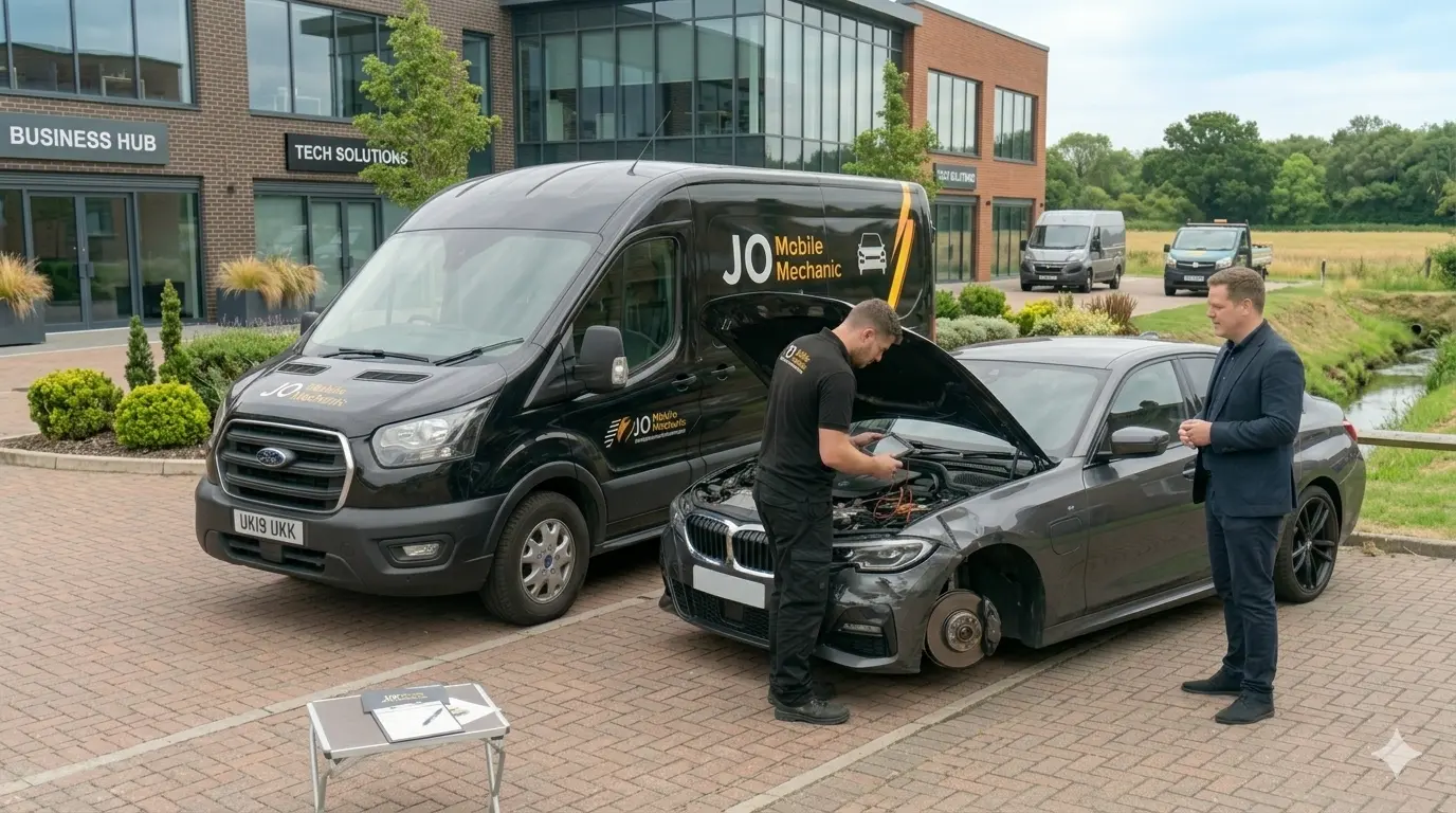 Mobile mechanic diagnosing a car that won’t start beside JO Mobile Mechanic van in Reading