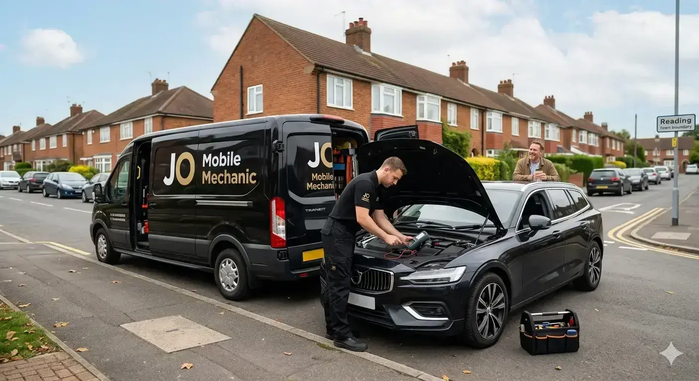Mobile mechanic Reading performing on-site car repair beside JO Mobile Mechanic van while customer watches