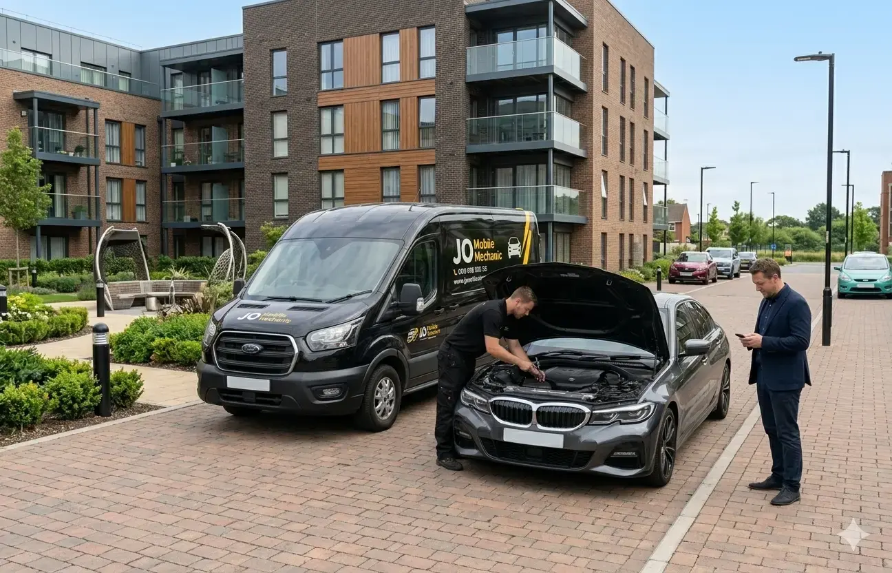 Mobile mechanic Reading performing routine vehicle maintenance beside JO Mobile Mechanic van