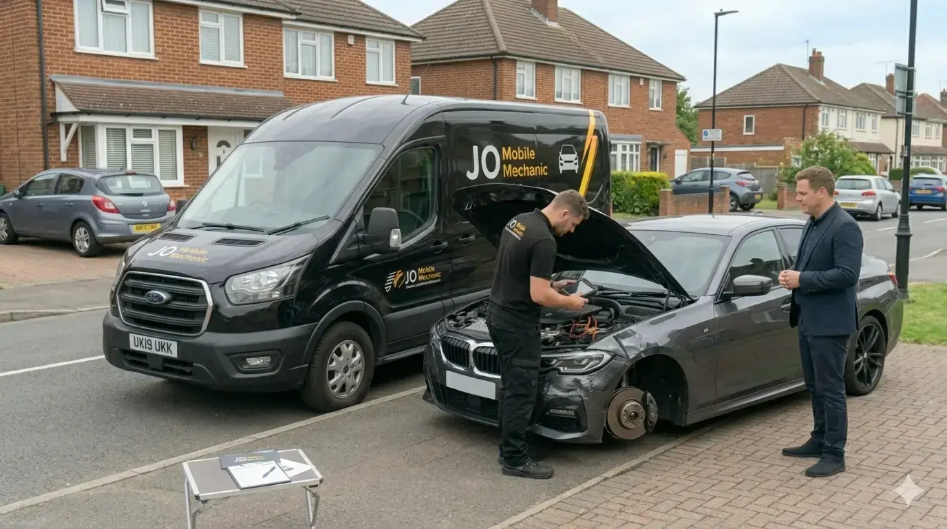 Mobile mechanic Reading inspecting accident damage on a car beside JO Mobile Mechanic van