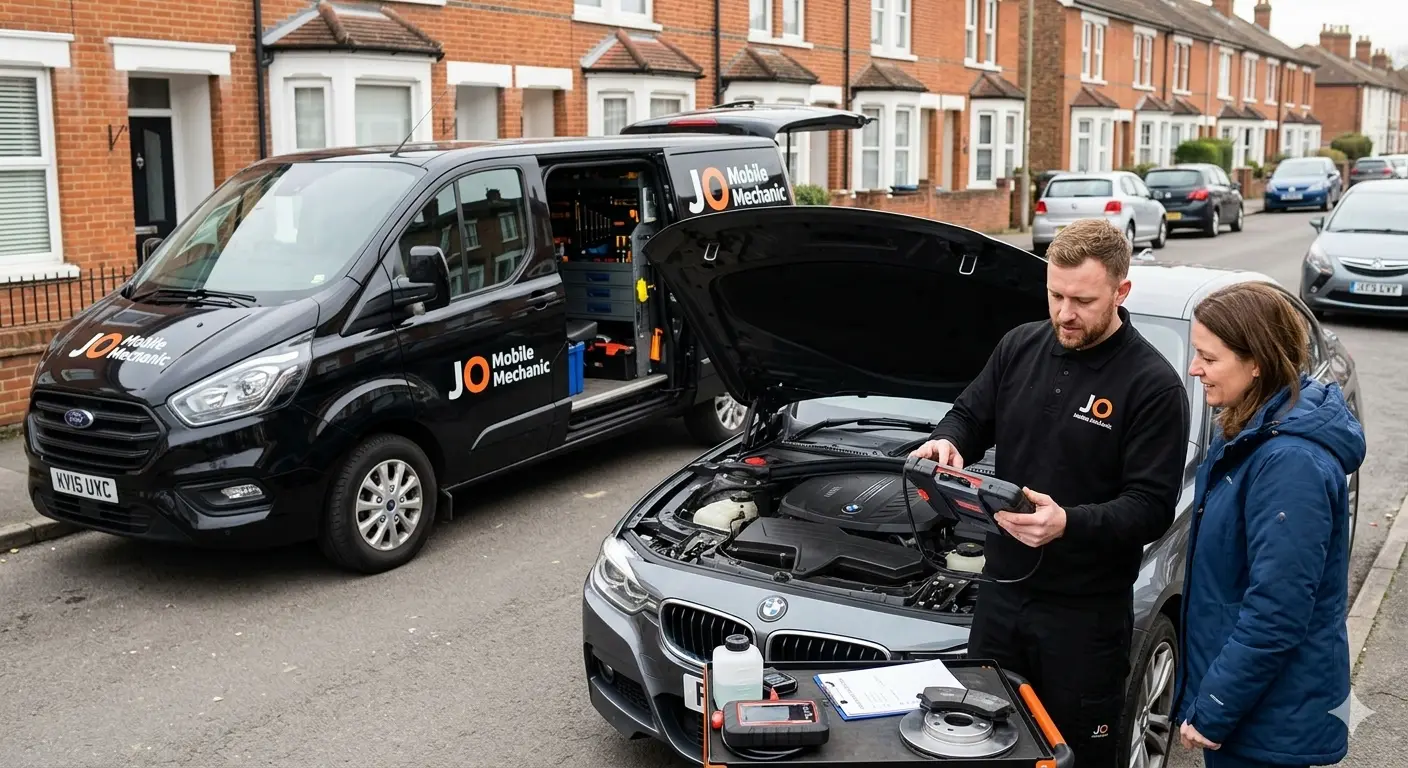 Mobile mechanic in Reading performing vehicle diagnostics to identify faults and prevent costly car repairs