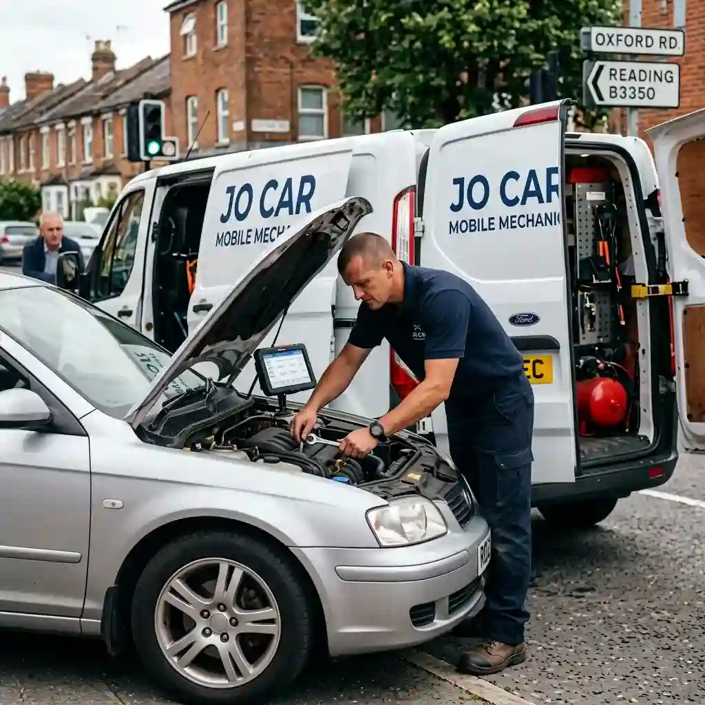Reliable Car engine repair Reading wearing dark blue uniform with branded logo performing roadside car repair service.
