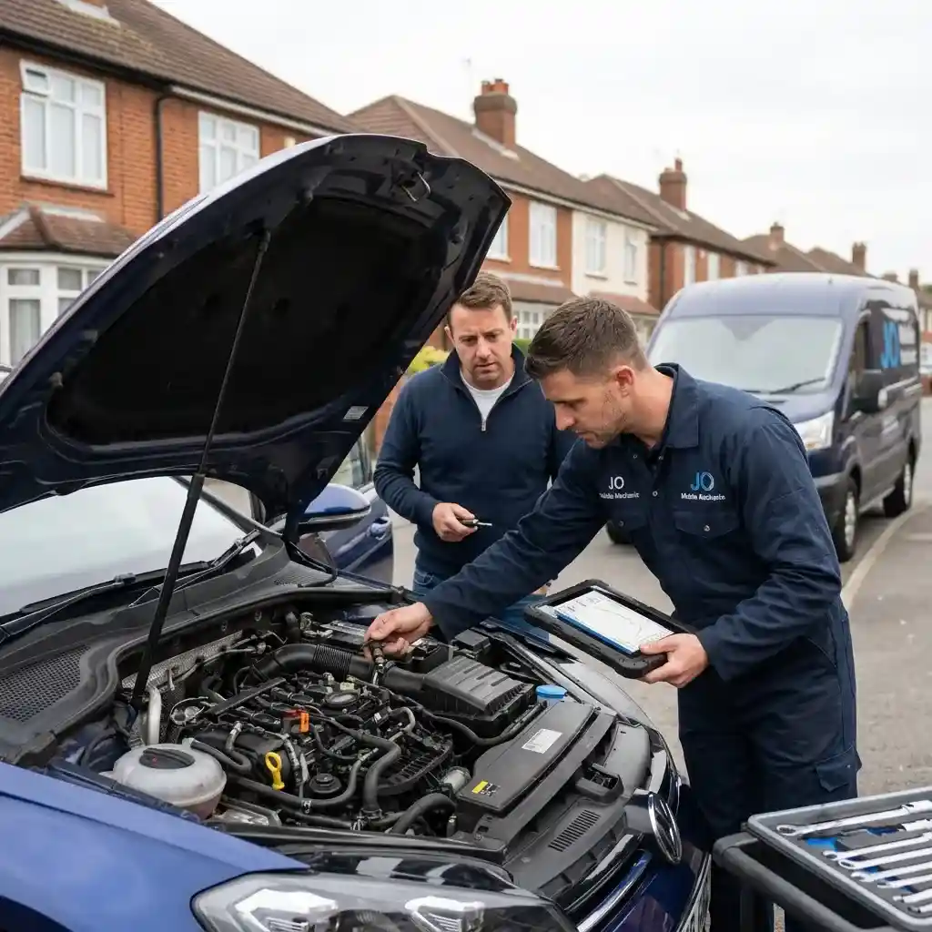 Car Won't Start Reading? Mobile mechanic diagnosing a vehicle starting problem.