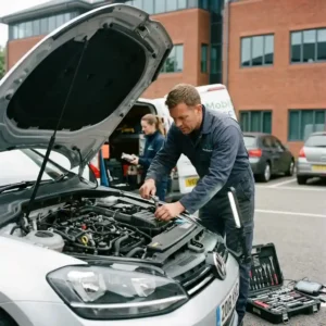 Mobile Car Mechanic Reading arriving at a customer's workplace for on-site repairs.