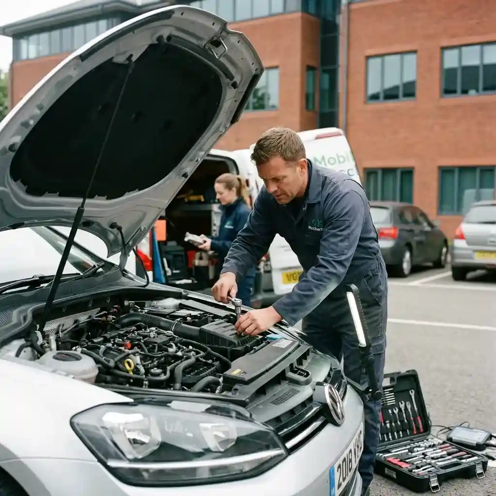 Mobile Car Mechanic Reading arriving at a customer's workplace for on-site repairs.